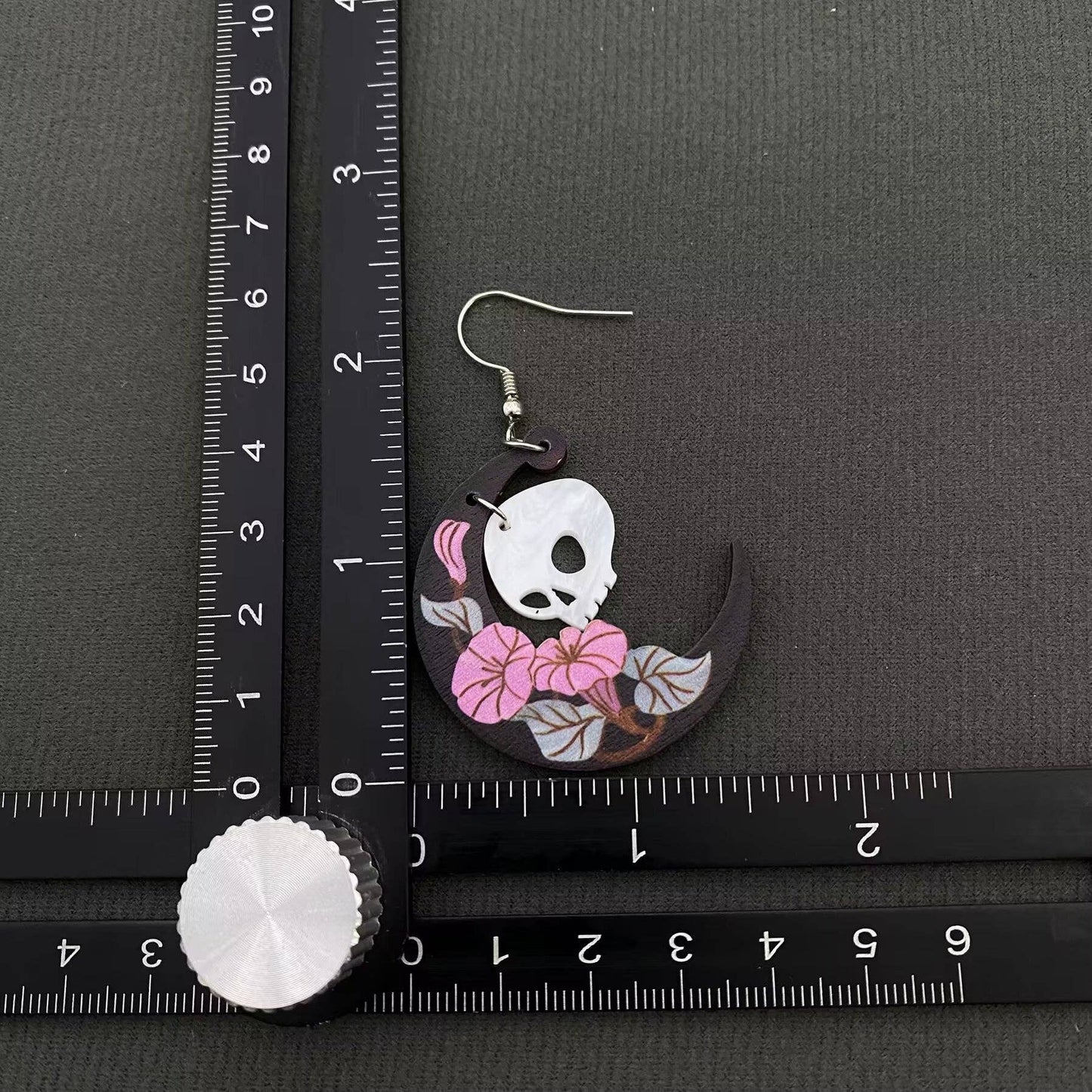 Halloween Flower Crescent Moon Skull Wooden Earrings
