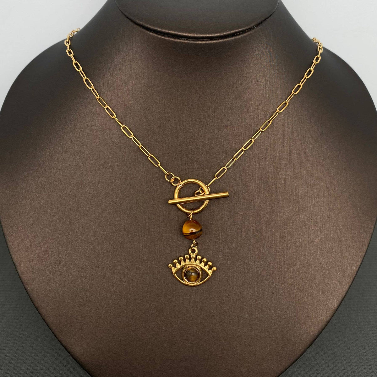 Stone Inlaid Eye Charm 18K Gold Plated S.Steel Necklace -FGS