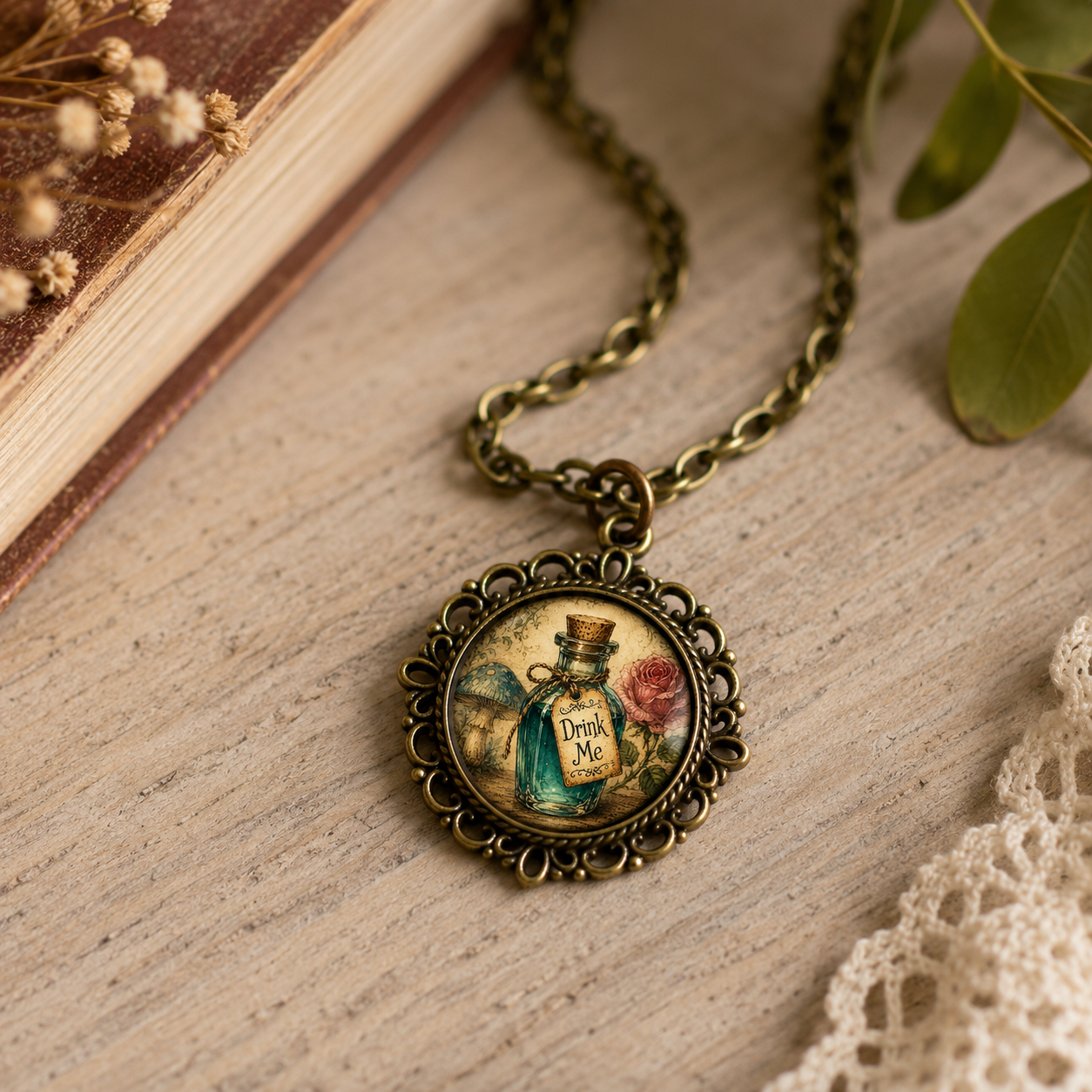 "Drink Me" bottle Wonderland Vintage Pendant