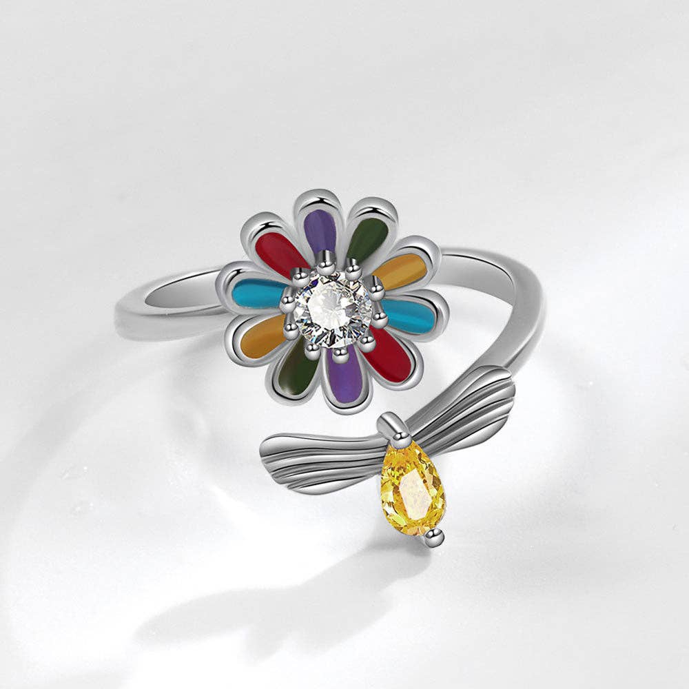 Flower Bee Anxiety Fidget Spinner Ring in Solid Copper