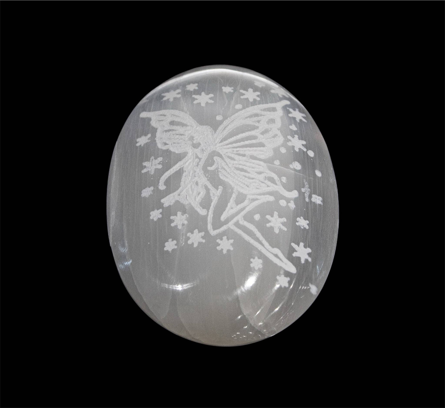 Selenite Palm Stone Engraved Fairy