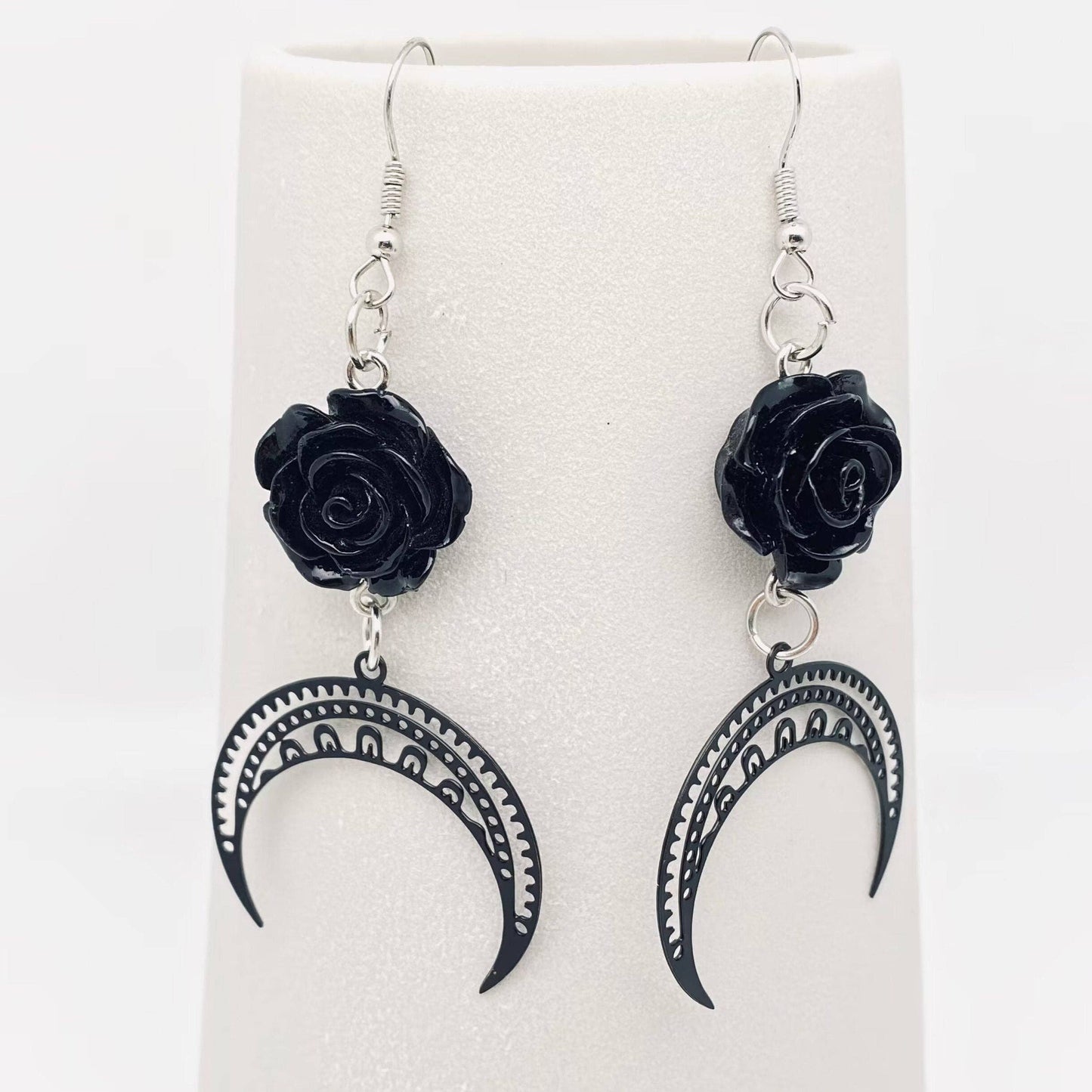 Earrings - Gothic Black Rose Crescent Moon