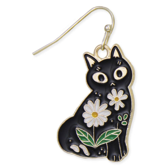 Earrings - Sitting Pretty Black Floral Cat