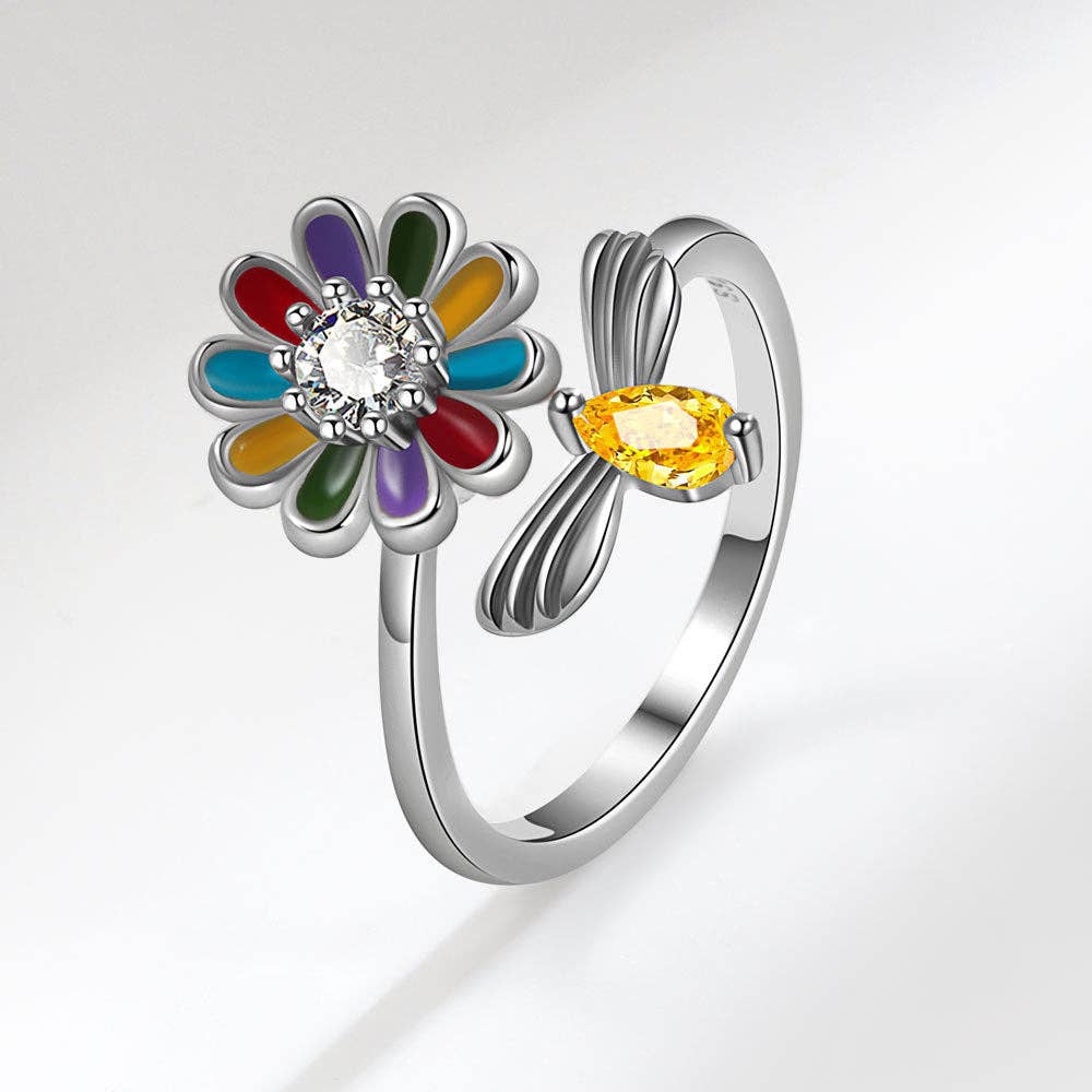 Flower Bee Anxiety Fidget Spinner Ring in Solid Copper