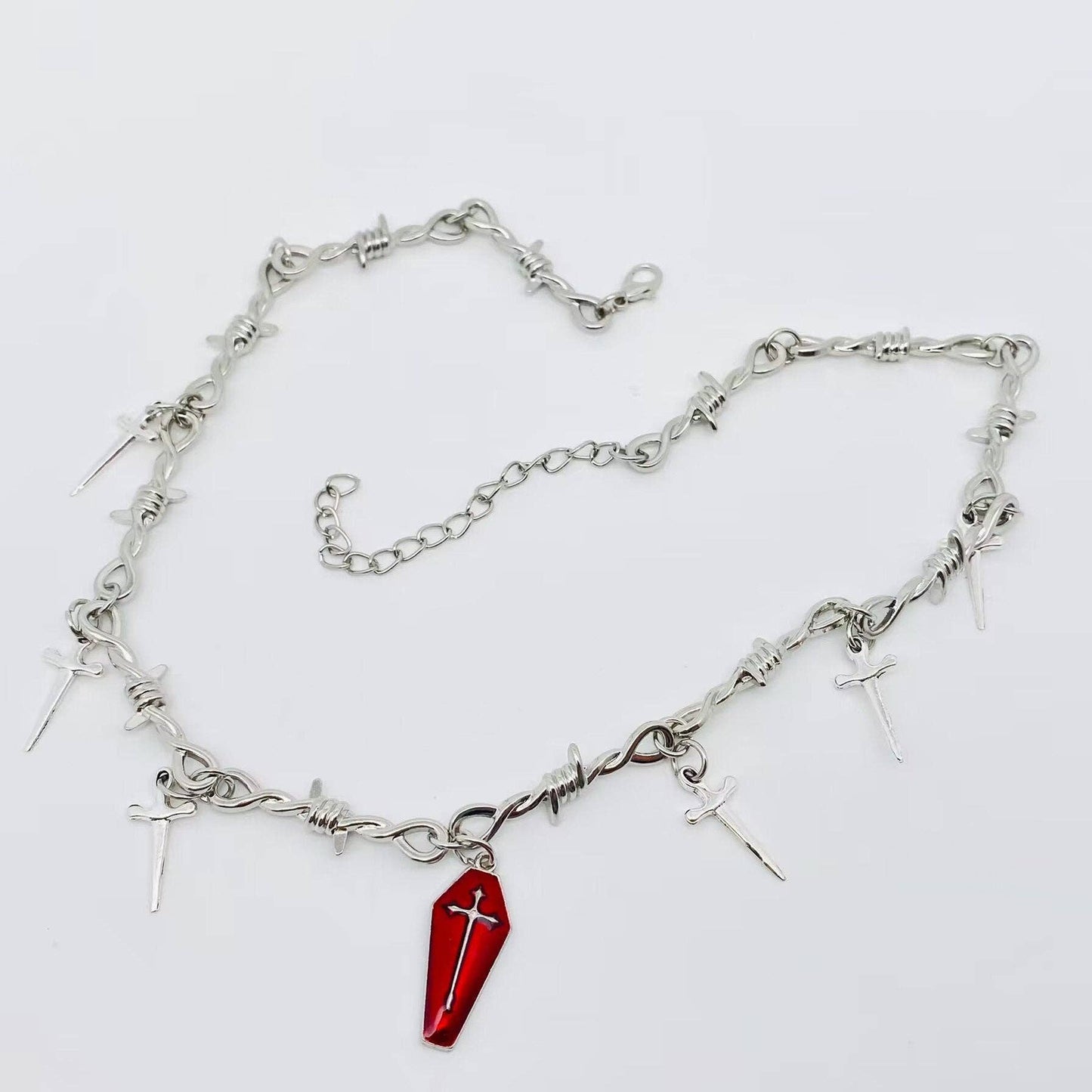 Gothic Red Coffin Cross Sword Charm Thorn Chain Necklace -GT