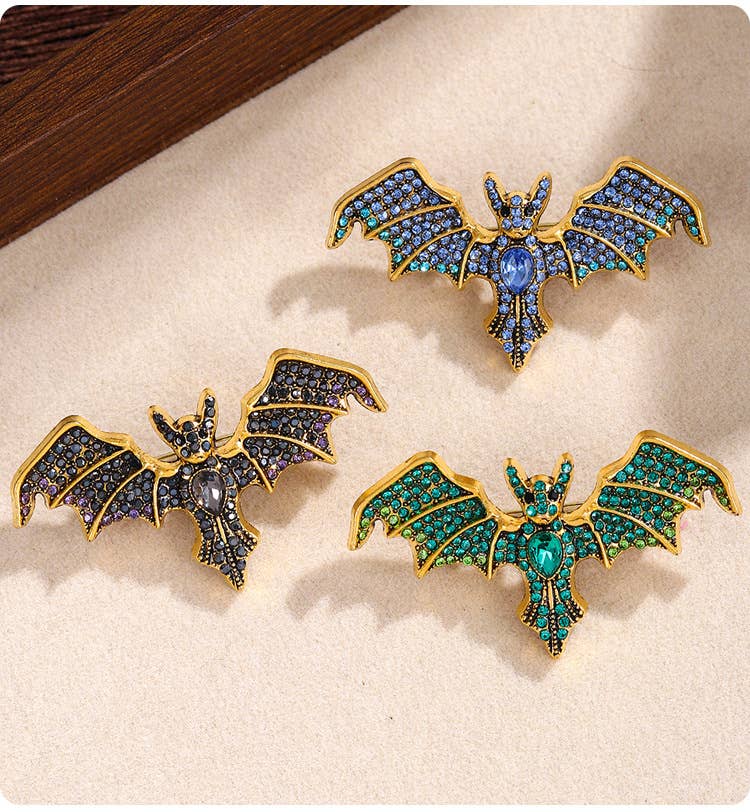 Vintage Rhinestone Devil Bat Brooch: Green