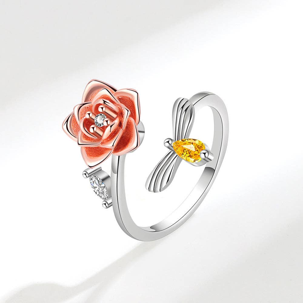 Rose Flower Bee Anxiety Fidget Spinner Ring in Solid Copper