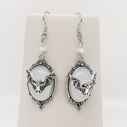 Earrings - Gothic Bat Pendant - White