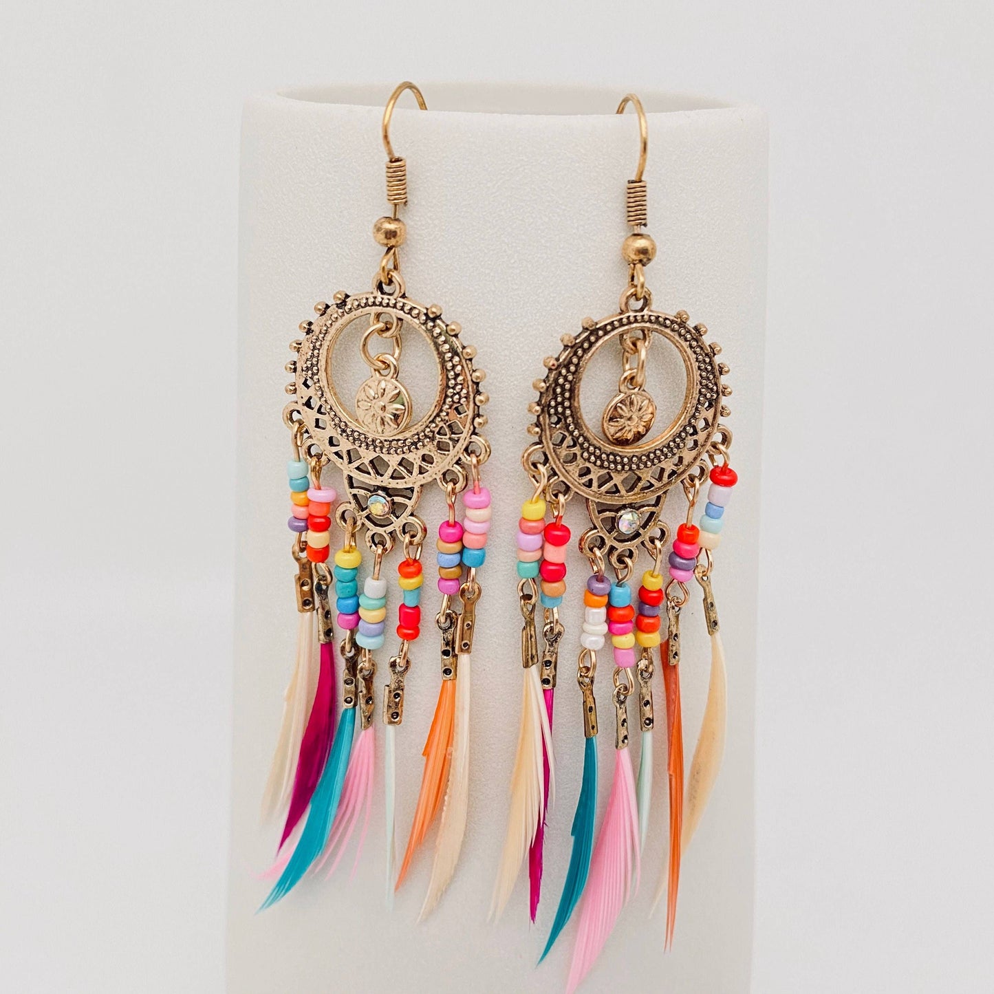 Round Hollow-out Bohemian Colorful Feather Tassels Earrings: Ancient silver