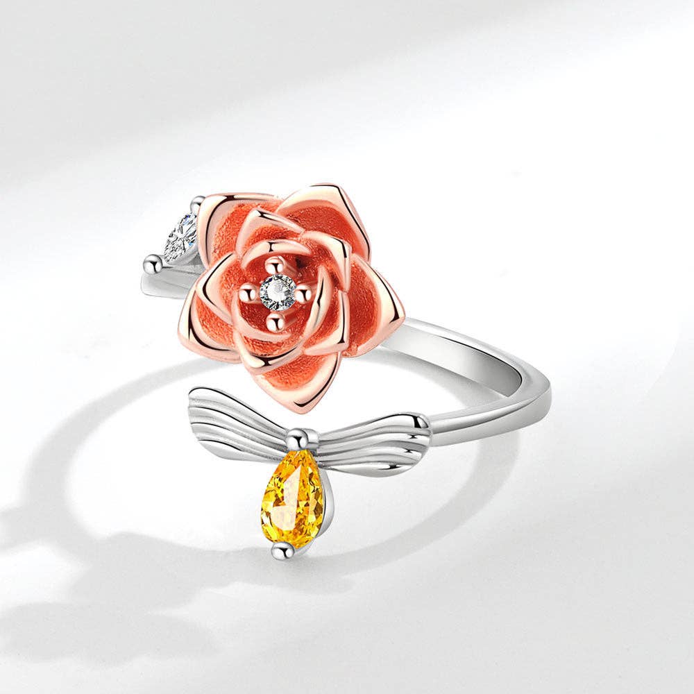 Rose Flower Bee Anxiety Fidget Spinner Ring in Solid Copper