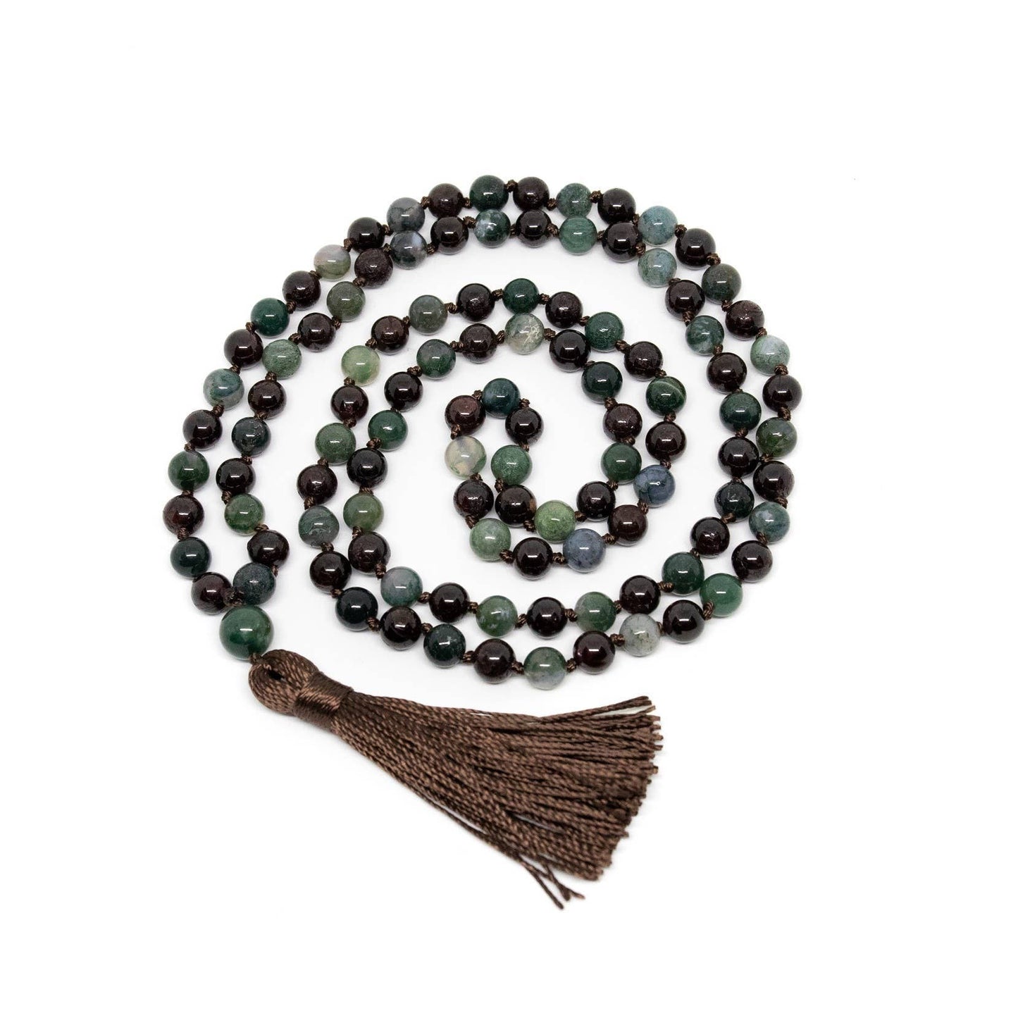 Mala - Garnet & Moss Agate KNOTTED 108 - Prayer Beads - 8mm