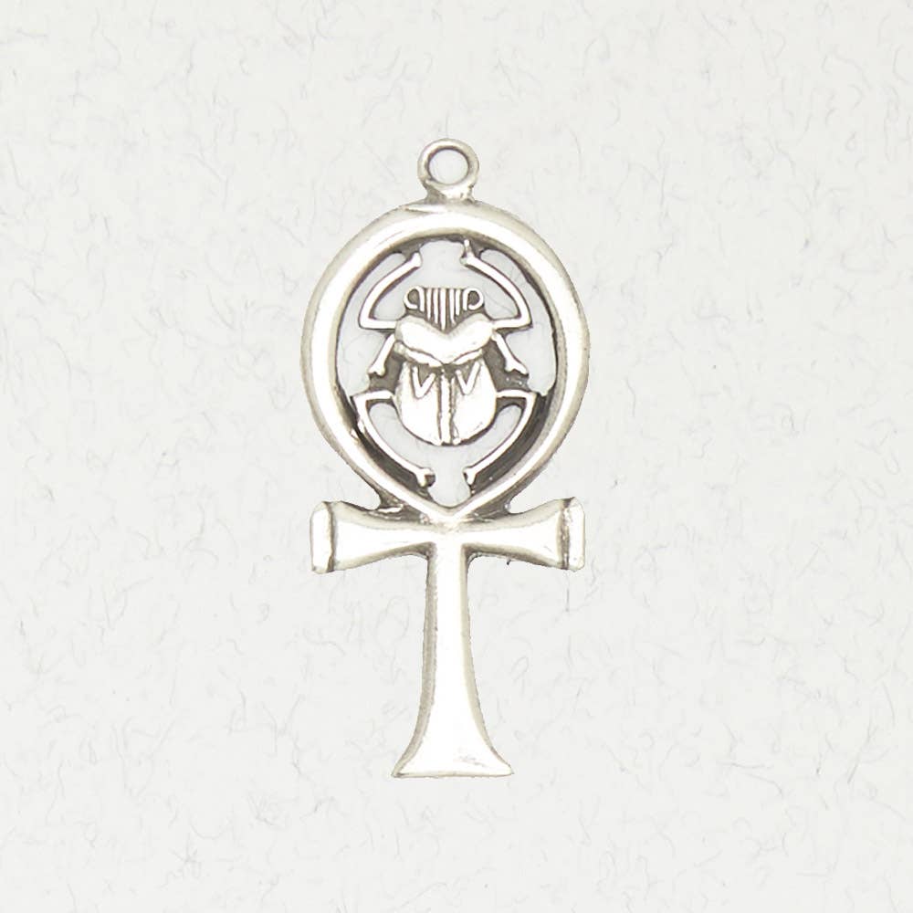 Egyptian Pewter Pendant Necklace - Ankh & Scarab: Pewter