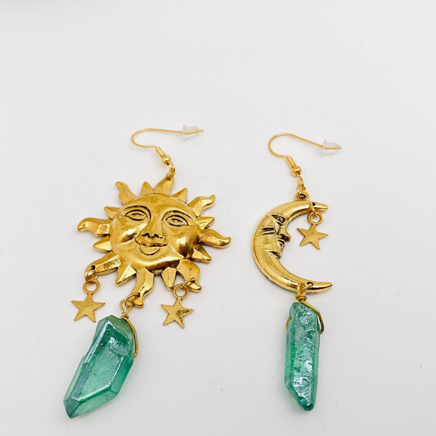 Asymmetric Sun and Moon Green Crystal Pendant Earrings - MS: Earrings