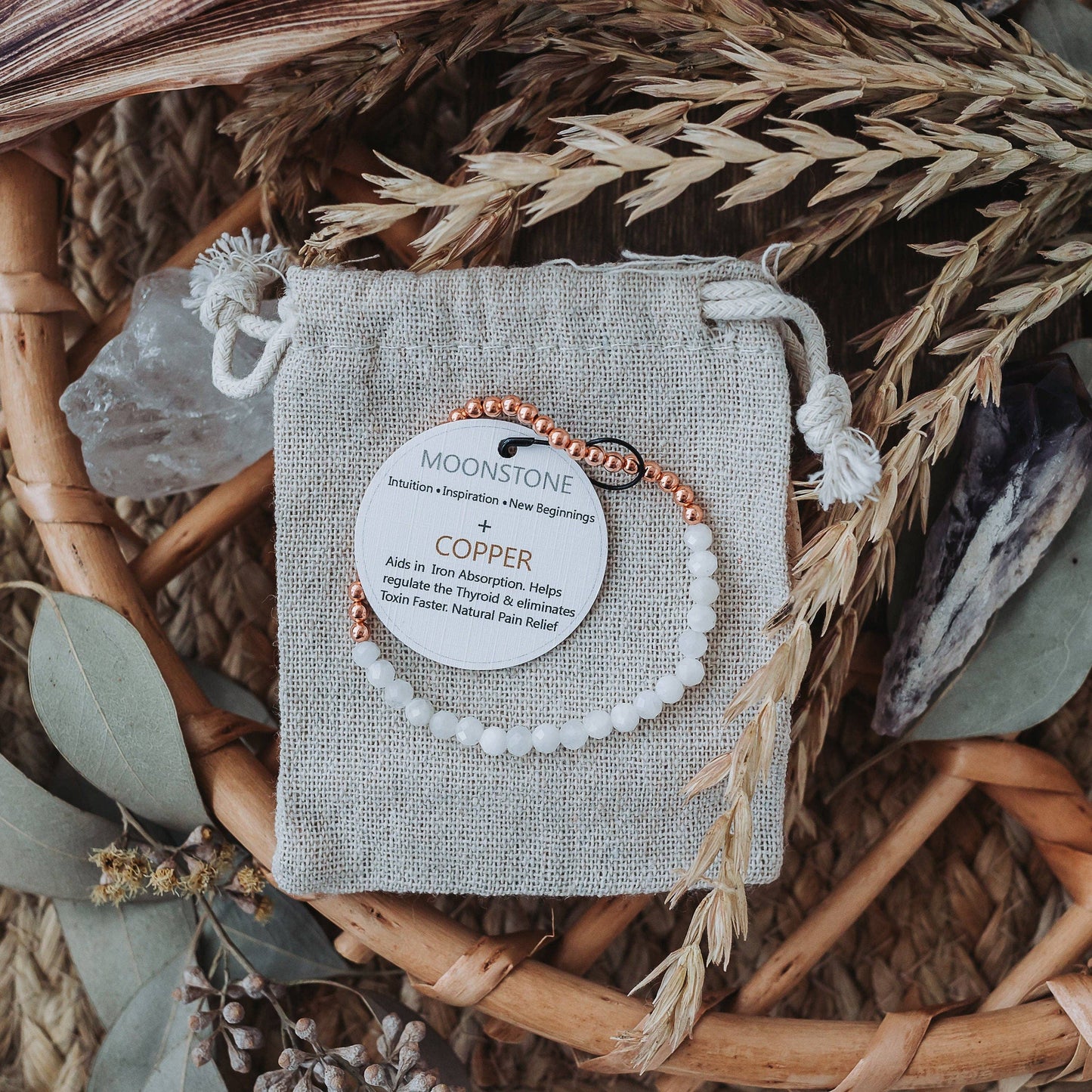 Dainty and Elegant Multi-Faceted Moonstone + Copper Bracelet