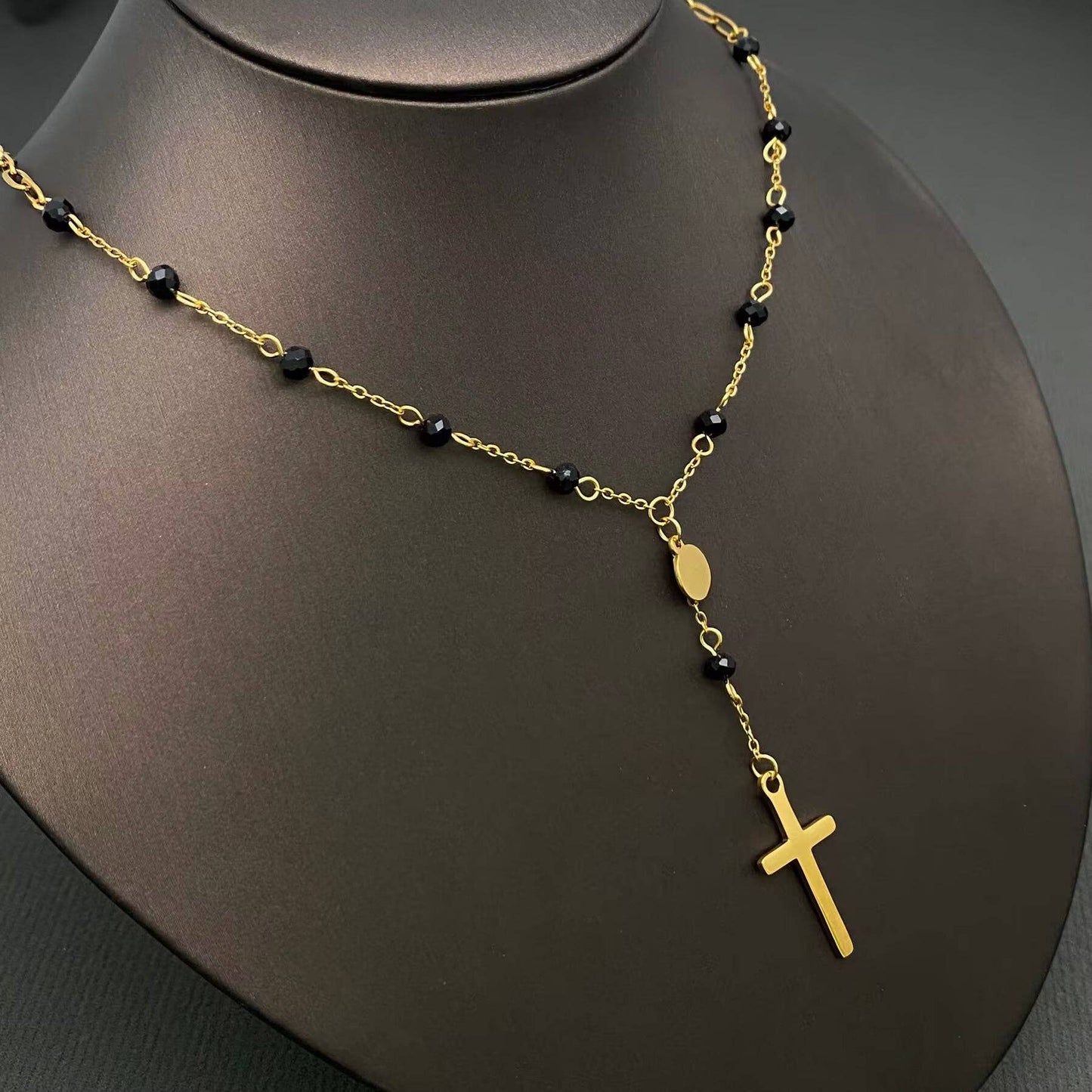 Cross Charm Black Glass Beaded Necklace