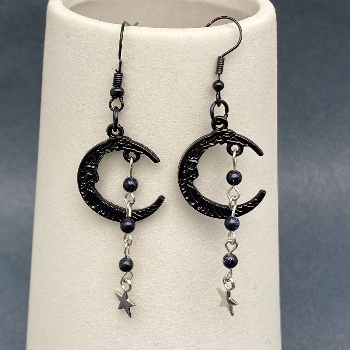 Gothic Black Moon Beaded Fringe Dangle Earrings - GT/MS: Purple