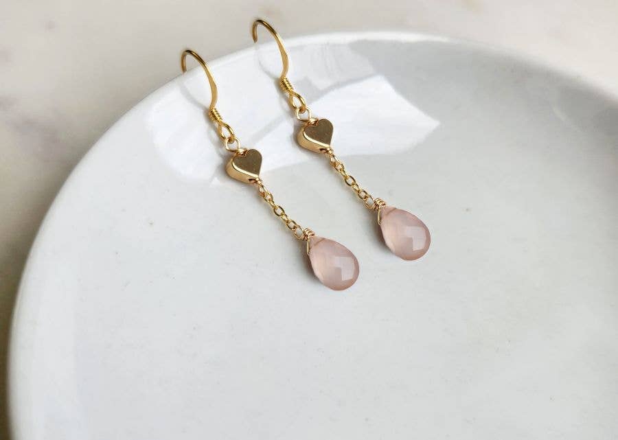 Sweet Gold Heart Chain Earrings (Multiple Colors): Rose Chalcedony