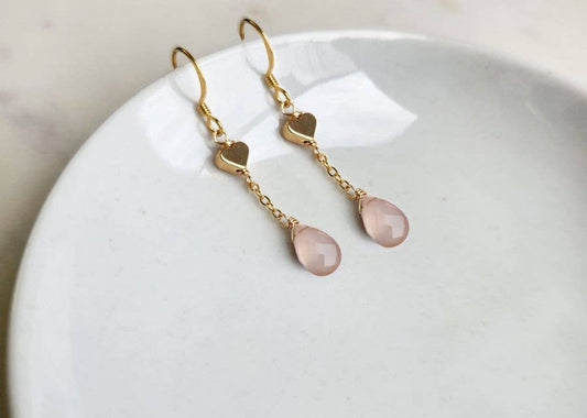 Sweet Gold Heart Chain Earrings (Multiple Colors): Rose Chalcedony