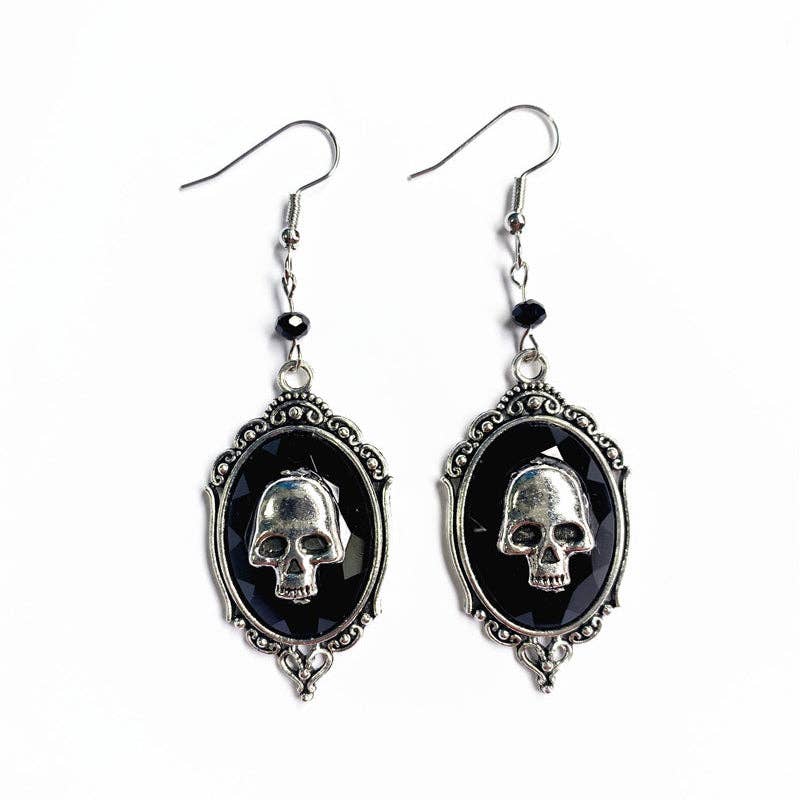 Vintage Skull Gem Drop Earrings: Silver
