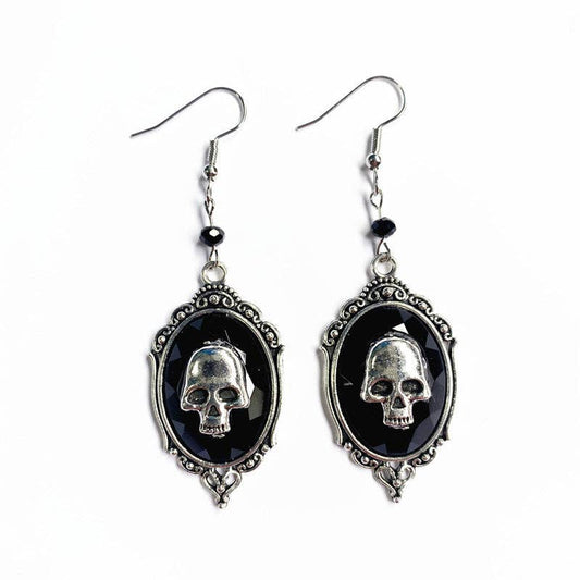 Vintage Skull Gem Drop Earrings: Silver
