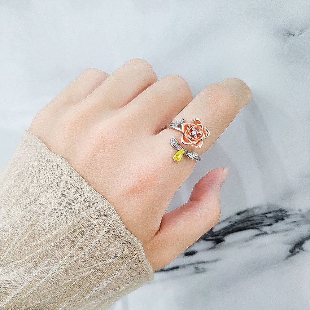 Rose Flower Bee Anxiety Fidget Spinner Ring in Solid Copper