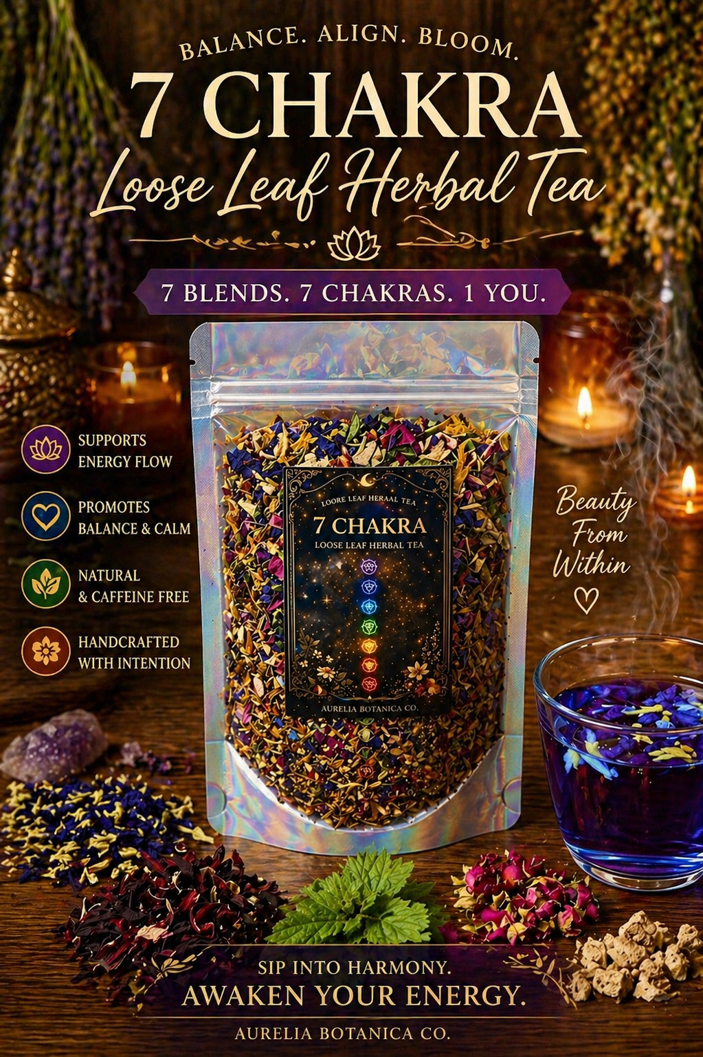 Chakra Balancing Loose Leaf Herbal Tea for Ritual & Meditation | Spiritual Tea Blend for Mindfulness, Energy Cleansing Intentional Living: Sample Pouch