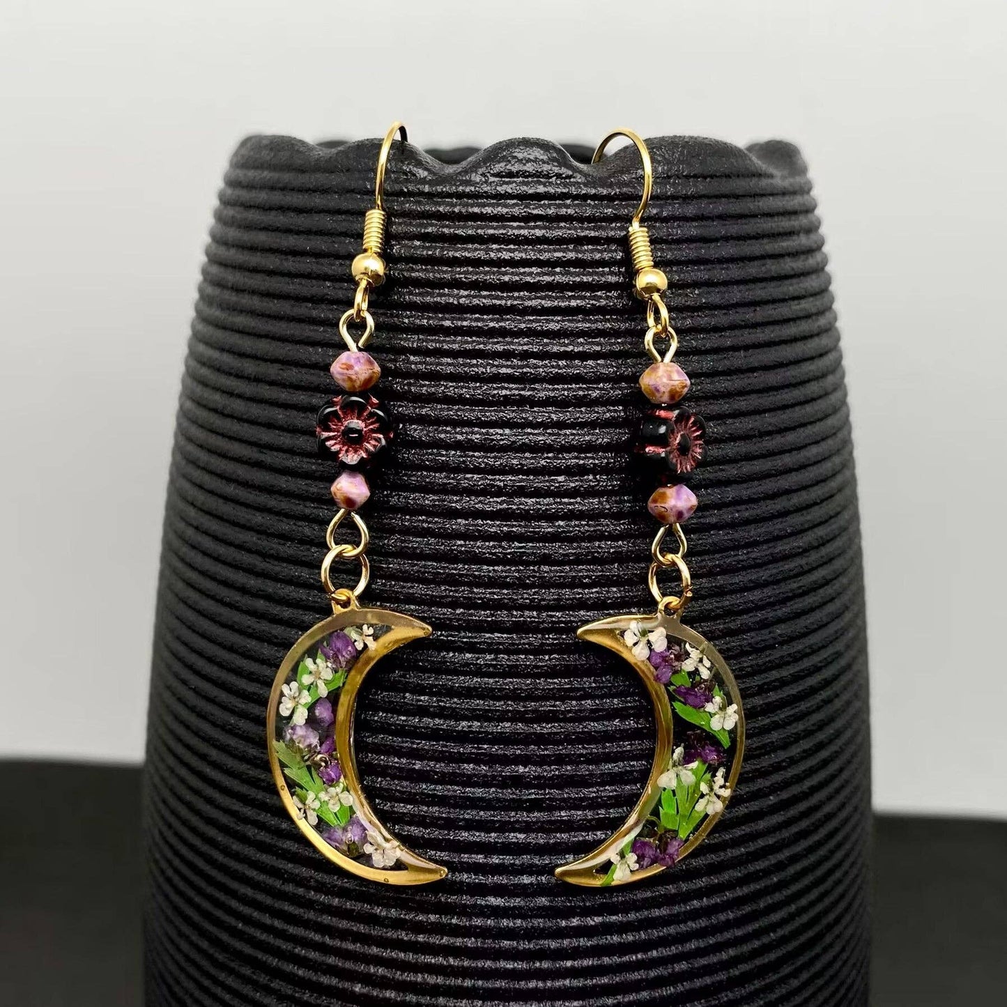 Earrings - Dried Flower Moon Dangle