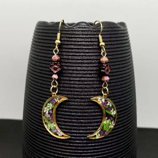 Earrings - Dried Flower Moon Dangle