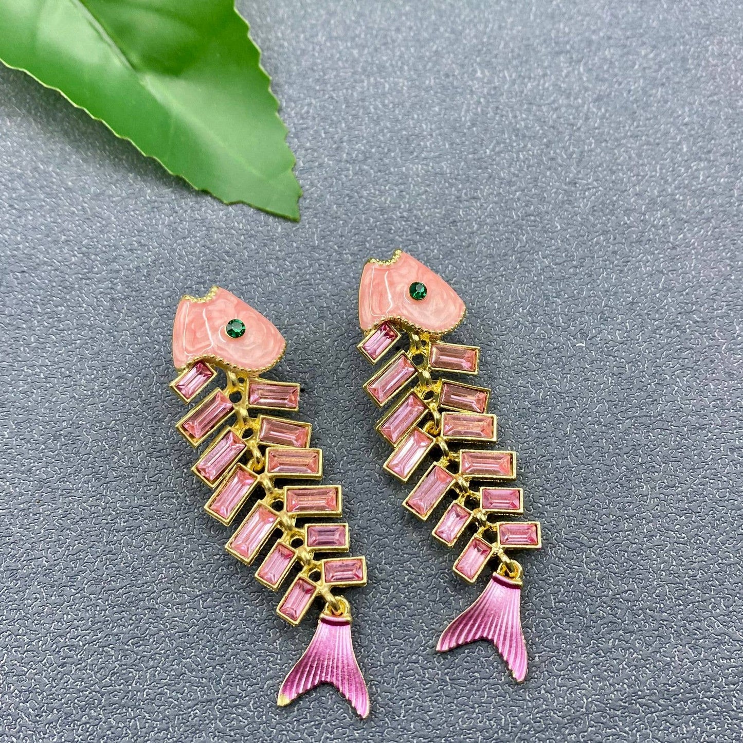 Pink Rhinestone Enamel Fishbone Post Earrings