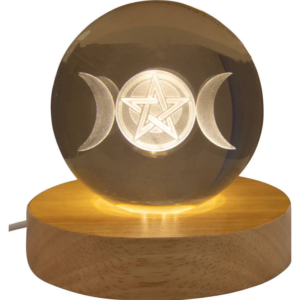 Glass Crystal Ball - 3D Laser Engraved w/Wood LED Light