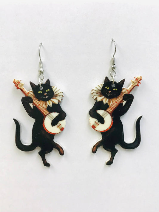 Banjo Cat Earrings, Acrylic Earrings: Banjo Cat