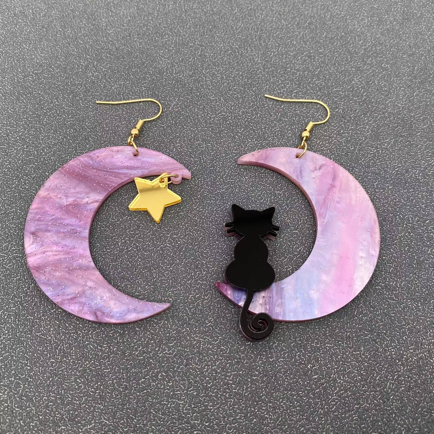 Earrings - Black Cat Moon Asymmetric Dangle