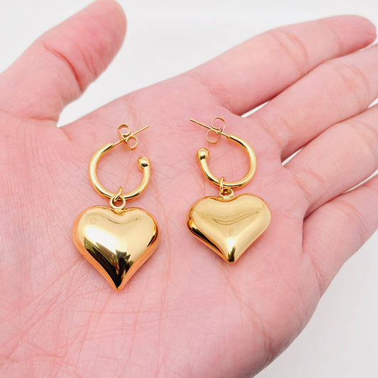 Earrings - Heart Charm - 18K Gold Plated Stainless Steel