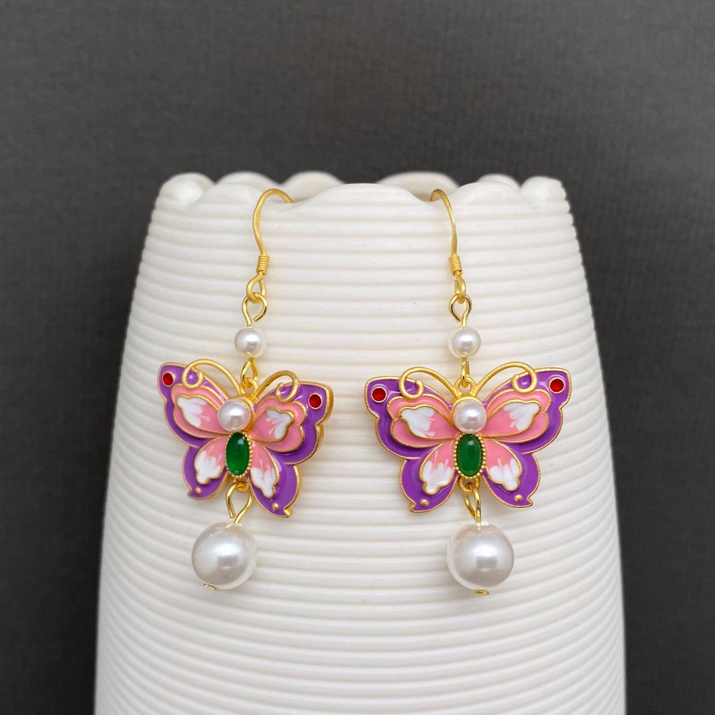Earrings - Enamel Butterfly & Flower