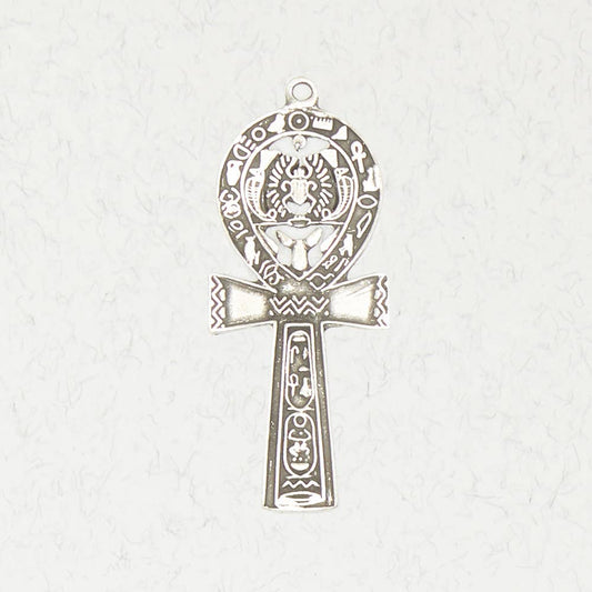 Mystic Nile Egyptian Pewter Pendant - Ankh with Scarab & Design