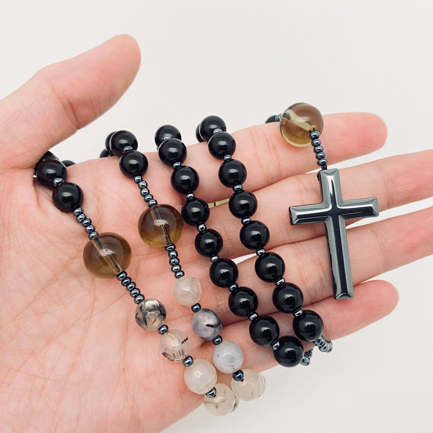 Black Agate Dragon Grain Stone Beaded Cross Necklace - CS