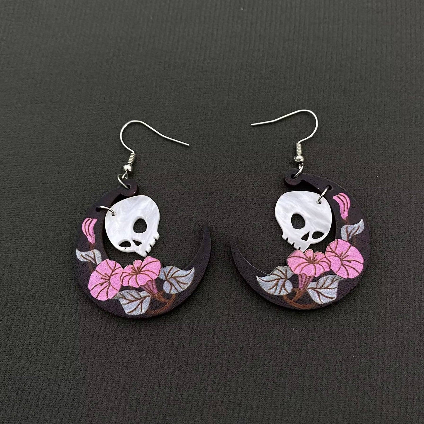 Halloween Flower Crescent Moon Skull Wooden Earrings