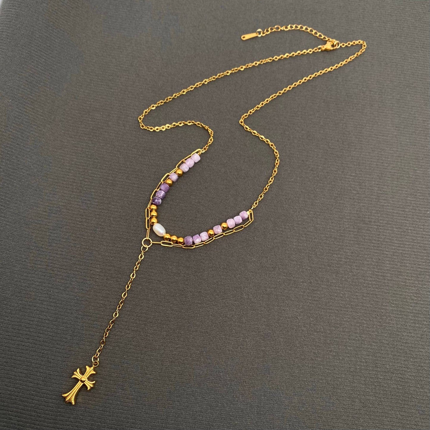 CZ inlaid Cross 18K Gold Plated S.Steel Y-neck Necklace -FGS