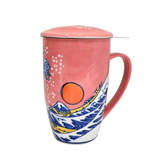 Sunset Wave Design 15oz Tea Mugs with Lid and Infuser for Loose Leaf Tea