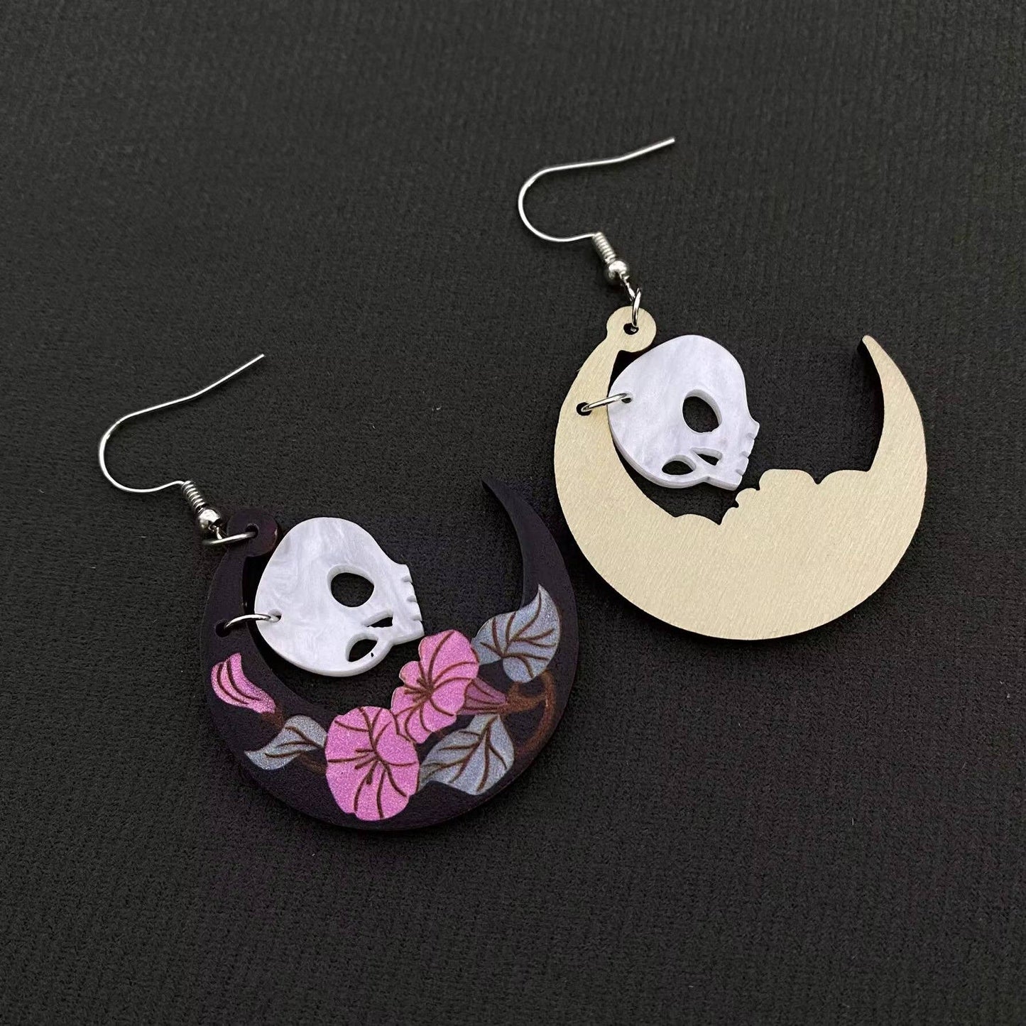 Halloween Flower Crescent Moon Skull Wooden Earrings