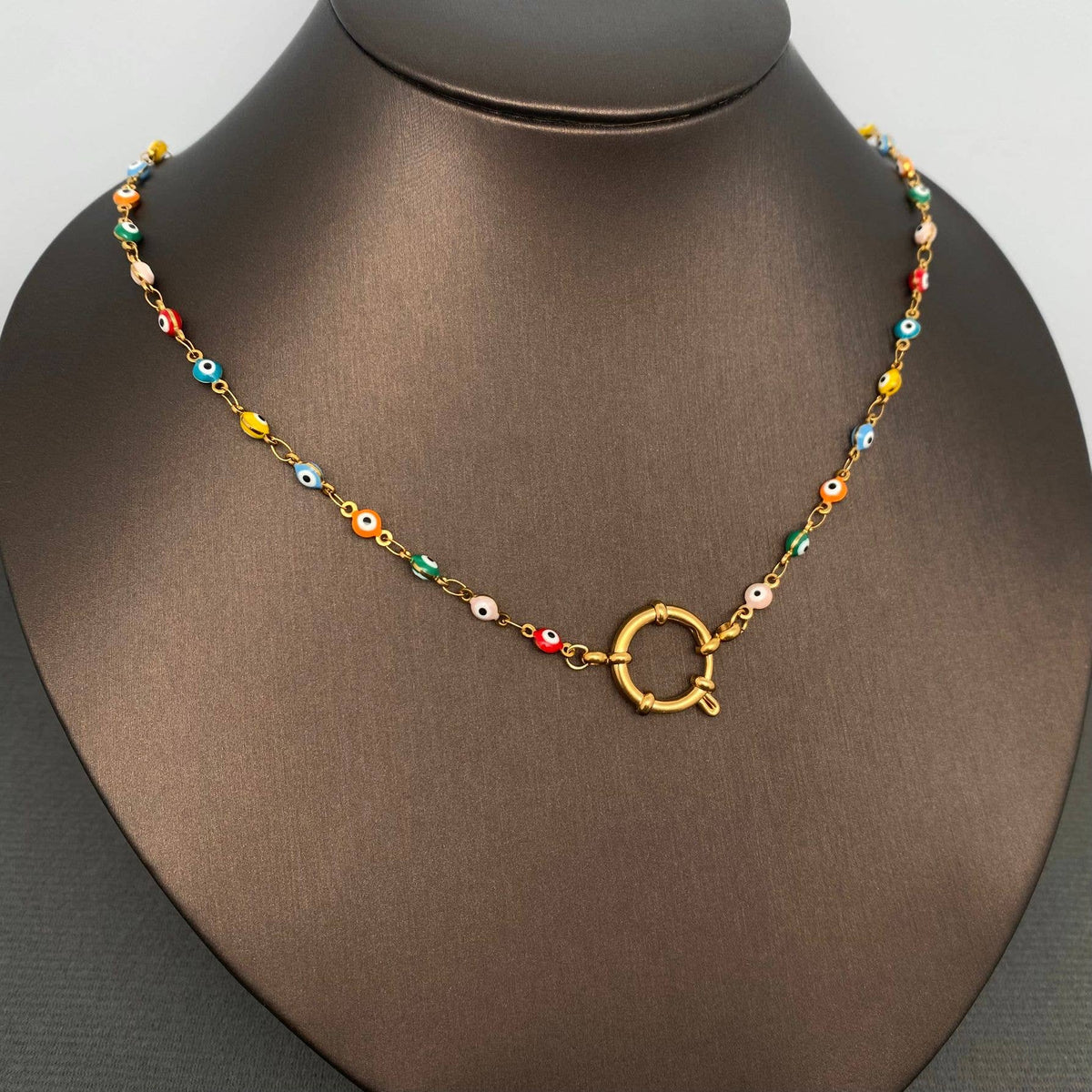 18K Gold Plated SS Colored Enamel Eyes Linked Chain - FGS