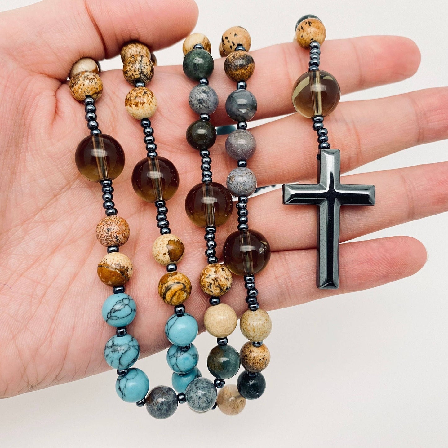 Rosary Like - Picture Stone Cross Pendant Necklace