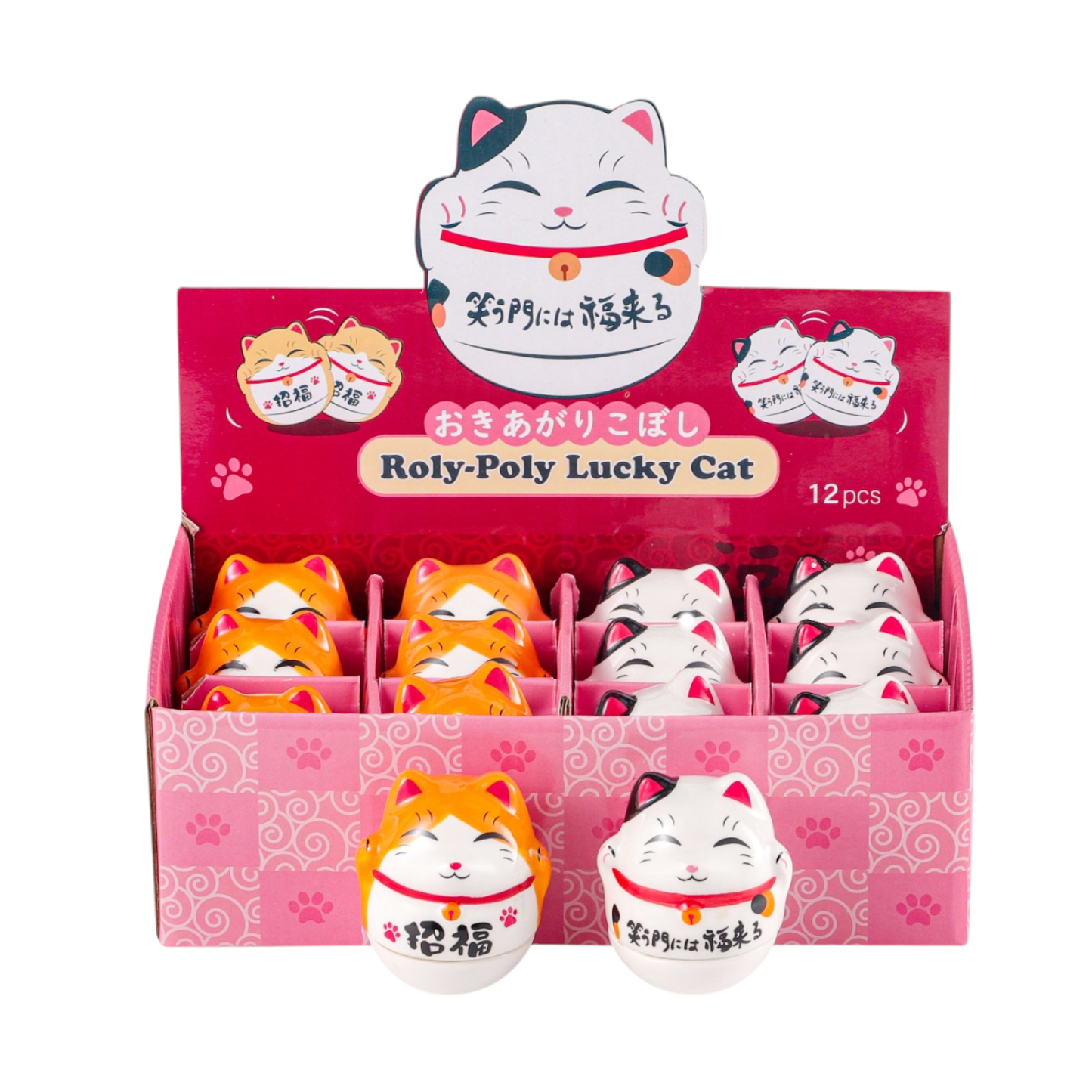 12 Piece Maneki Neko Lucky Cat Roy Poly Tumbler Figurines 2"H (1/24)