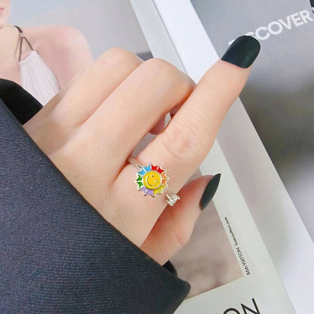 Smiley Sunflower Anxiety Fidget Spinner Ring in Solid Copper