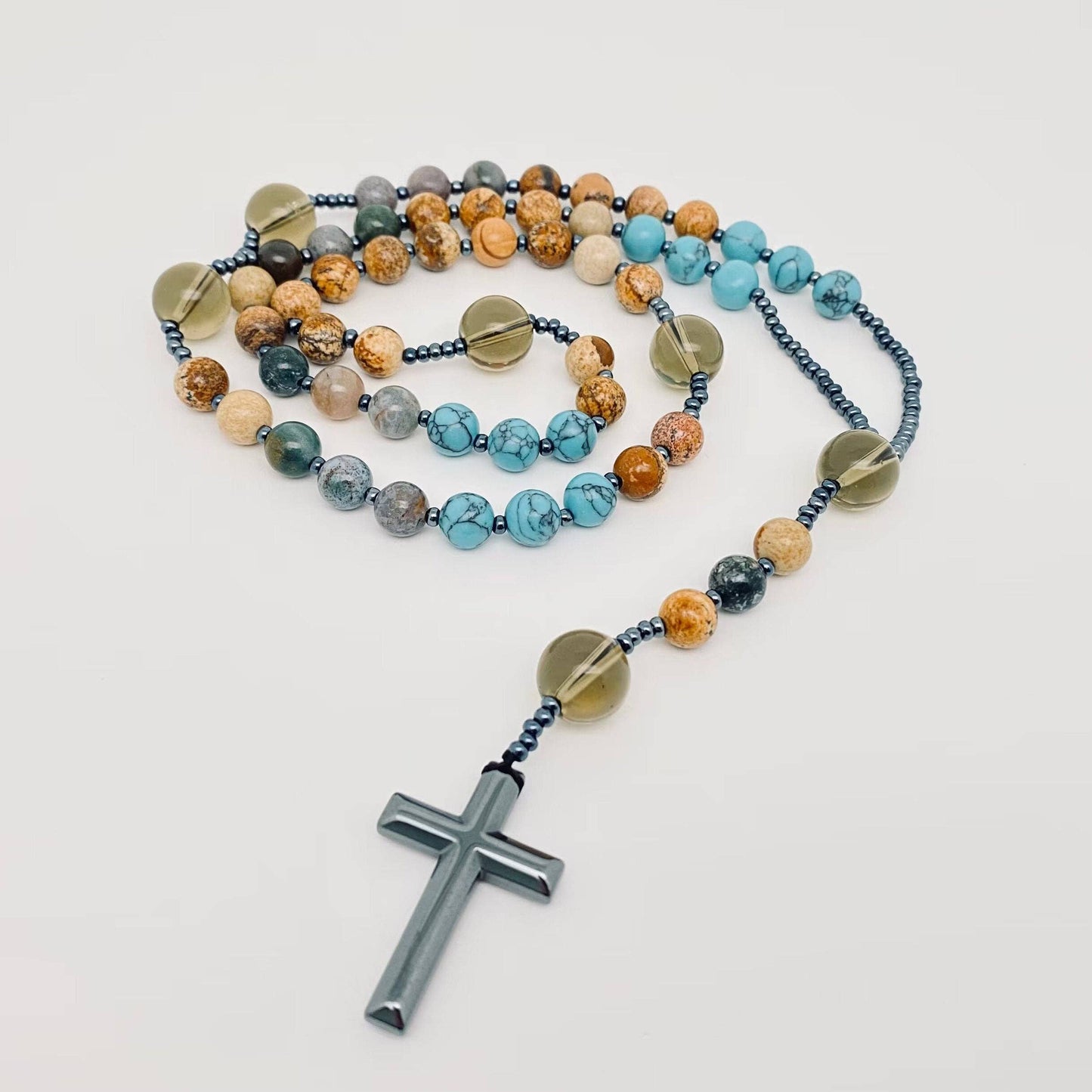 Rosary Like - Picture Stone Cross Pendant Necklace