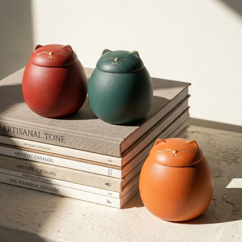 Ceramic Lucky Cat Tea Canister - Red