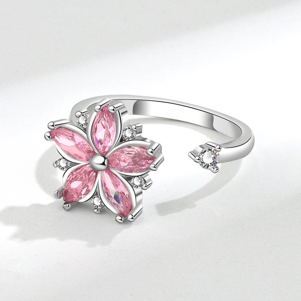Cherry Blossom Flower Fidget Spinner Ring in Solid Copper: Silver