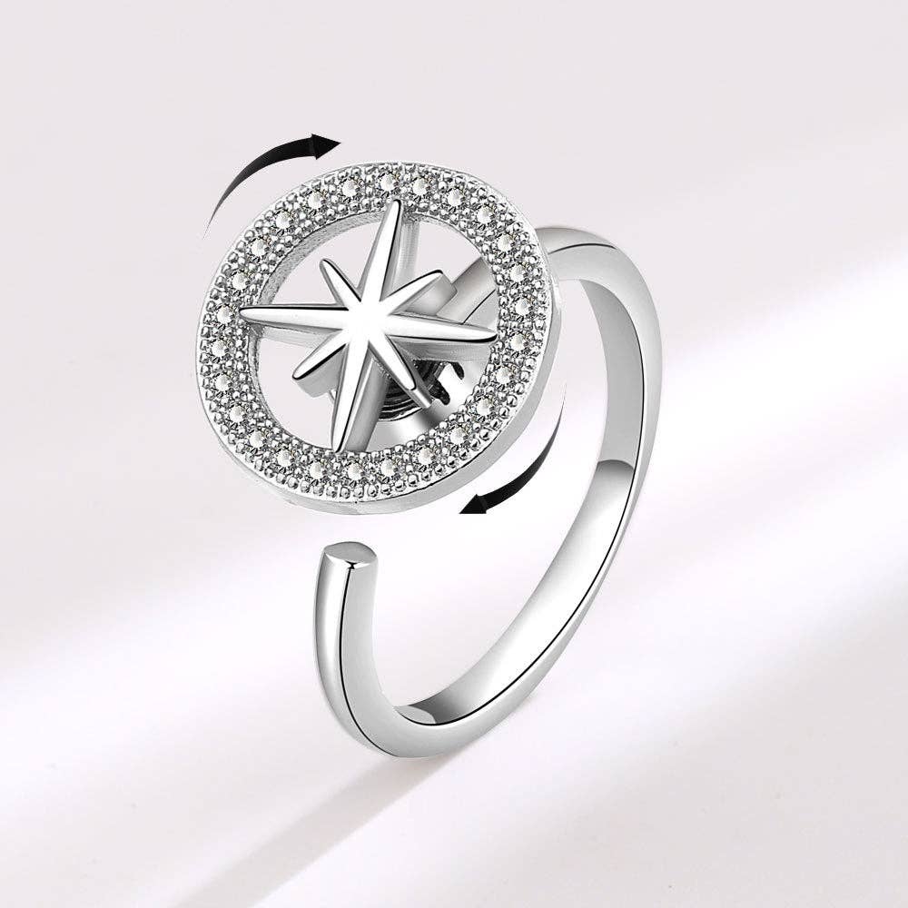 Silver Star (Compass) Anxiety Fidget Spinner Ring in Solid Copper: Silver