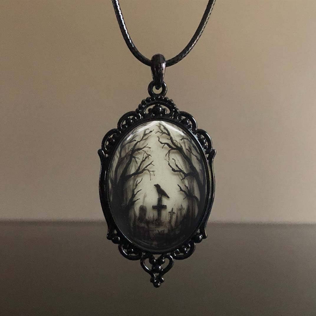 Gothic Crow Cross Pendant Necklace: Black