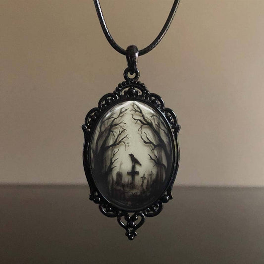 Gothic Crow Cross Pendant Necklace: Black